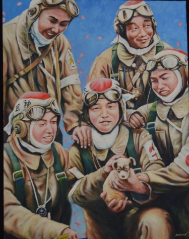 This is a painting done by Demarest of Japanese "boy pilots" or, Kamikaze pilots which originated from an actual photo of the same Kamikaze pilots.