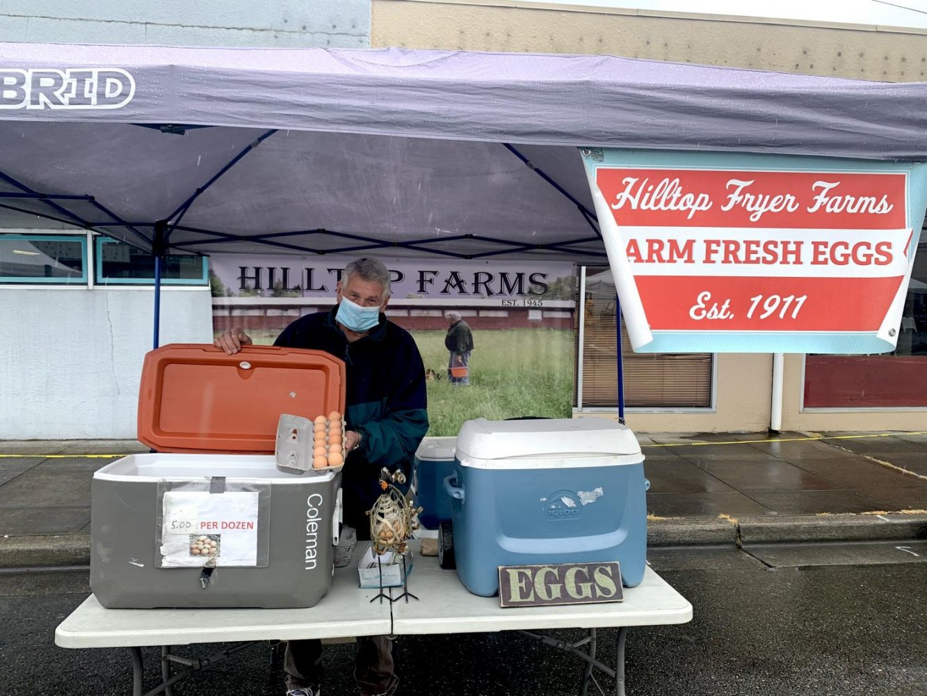 Owner of Hilltop farms with their very popular farm fresh eggs on April 24th. The Market moved back to Pioneer Park Pavilion around Mother's Day. It runs every Saturday from 9 a.m. to 2 p.m.