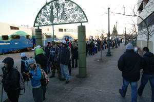 Masses of Seahawk fans gather at the Puyallup SoundTransit station Feb. 5, on the way to the Seahawk celebration parade. The Seattle Seahawk football team won Superbowl XXXXVIII, Sunday Feb. 2 against the Denver Broncos, 43-8. 