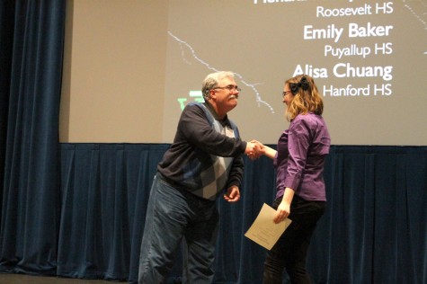 Sophomore Emily Baker receives an honorable mention in the features write-off contest at the WJEA state convention March 15 at Shorewood High School.