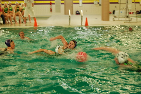 Junior Gabby Gallucci closely follows an Emerald Ridge girl down the pool. The PHS girls Water Polo team went up against Emerald Ridge April 22. Puyallup won with a final score of 9-0. 