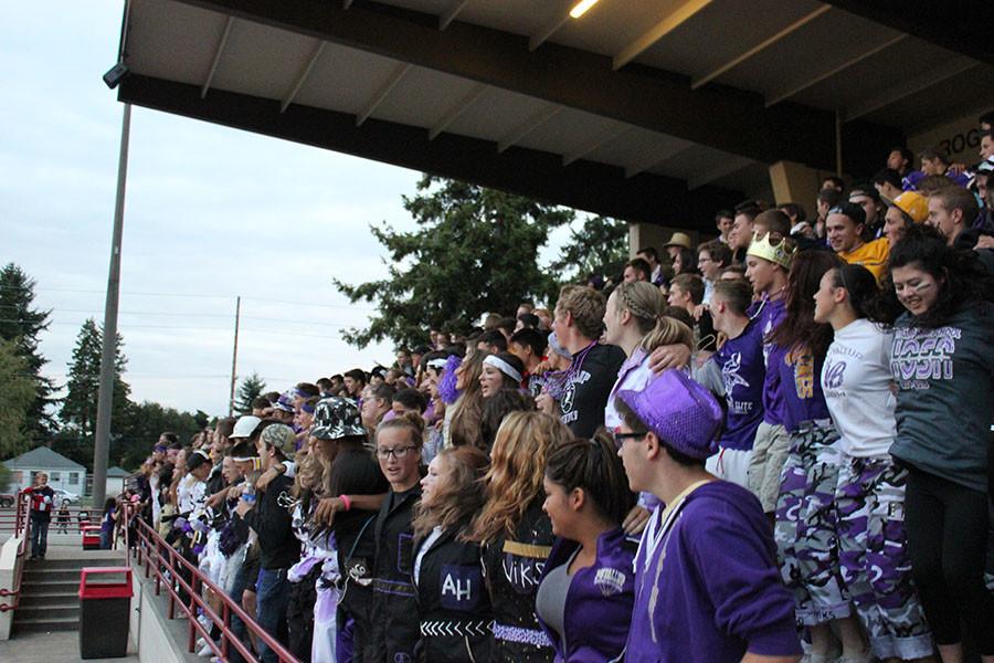 The student section cheers for the Vikings at the football game on 9/18/15.