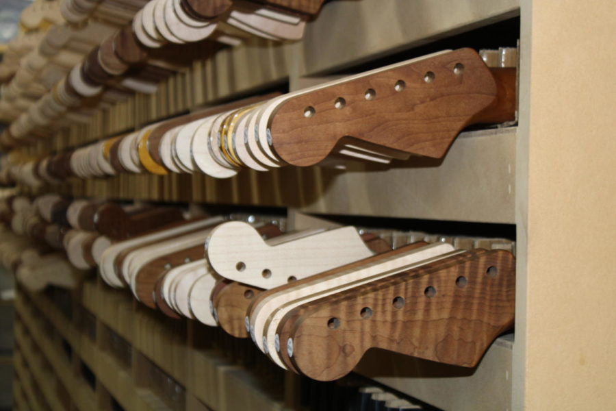 Guitar necks at the Warmoth building waiting to be delivered to customers. Photo by Ethan Barker.